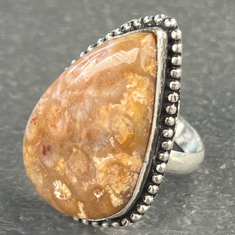 Natural Fossil Coral; 925 Silver Plated; Handmade Teardrop Ring; NWOT; US 10